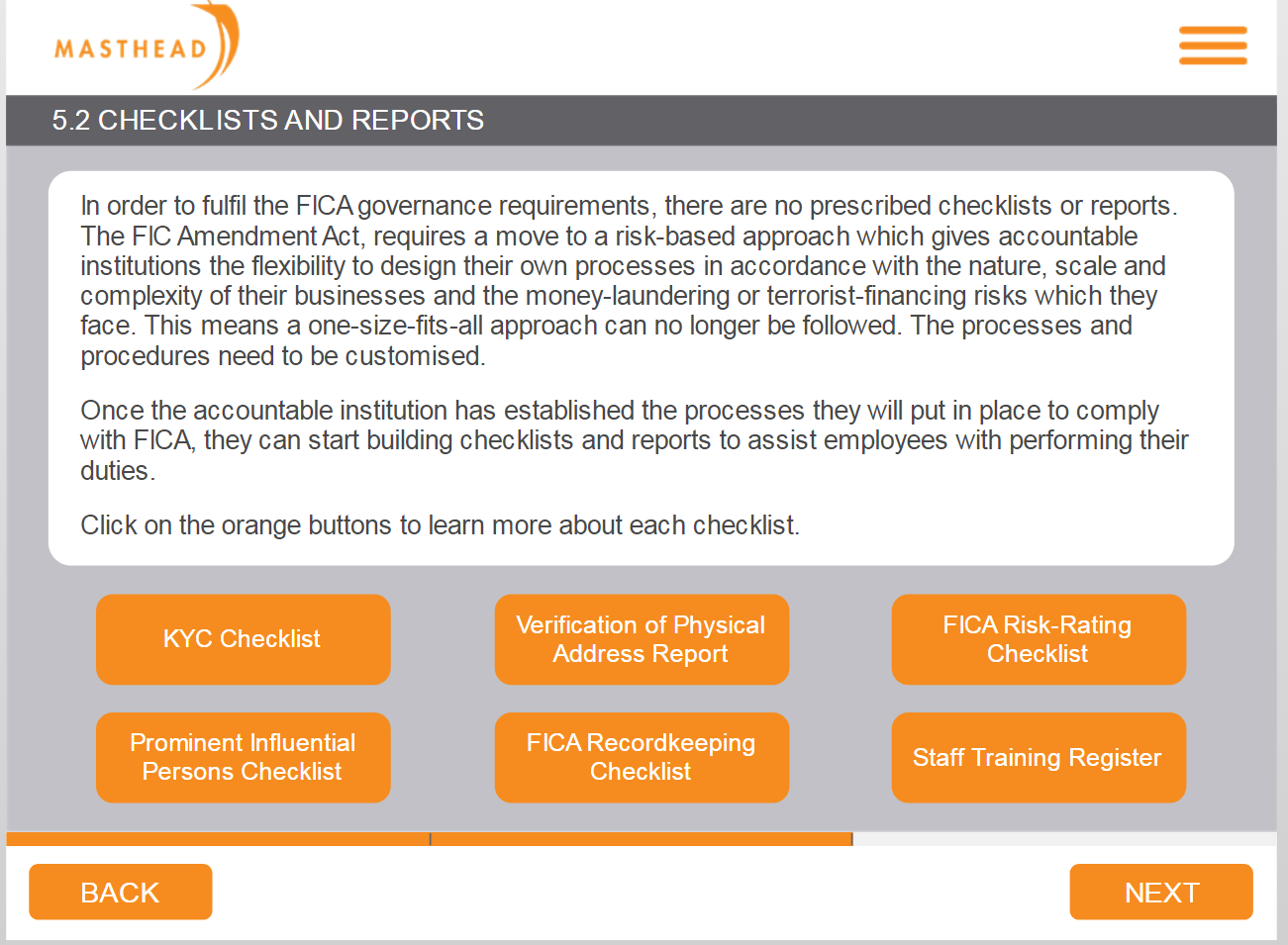 5.2 Checklist and reports 1